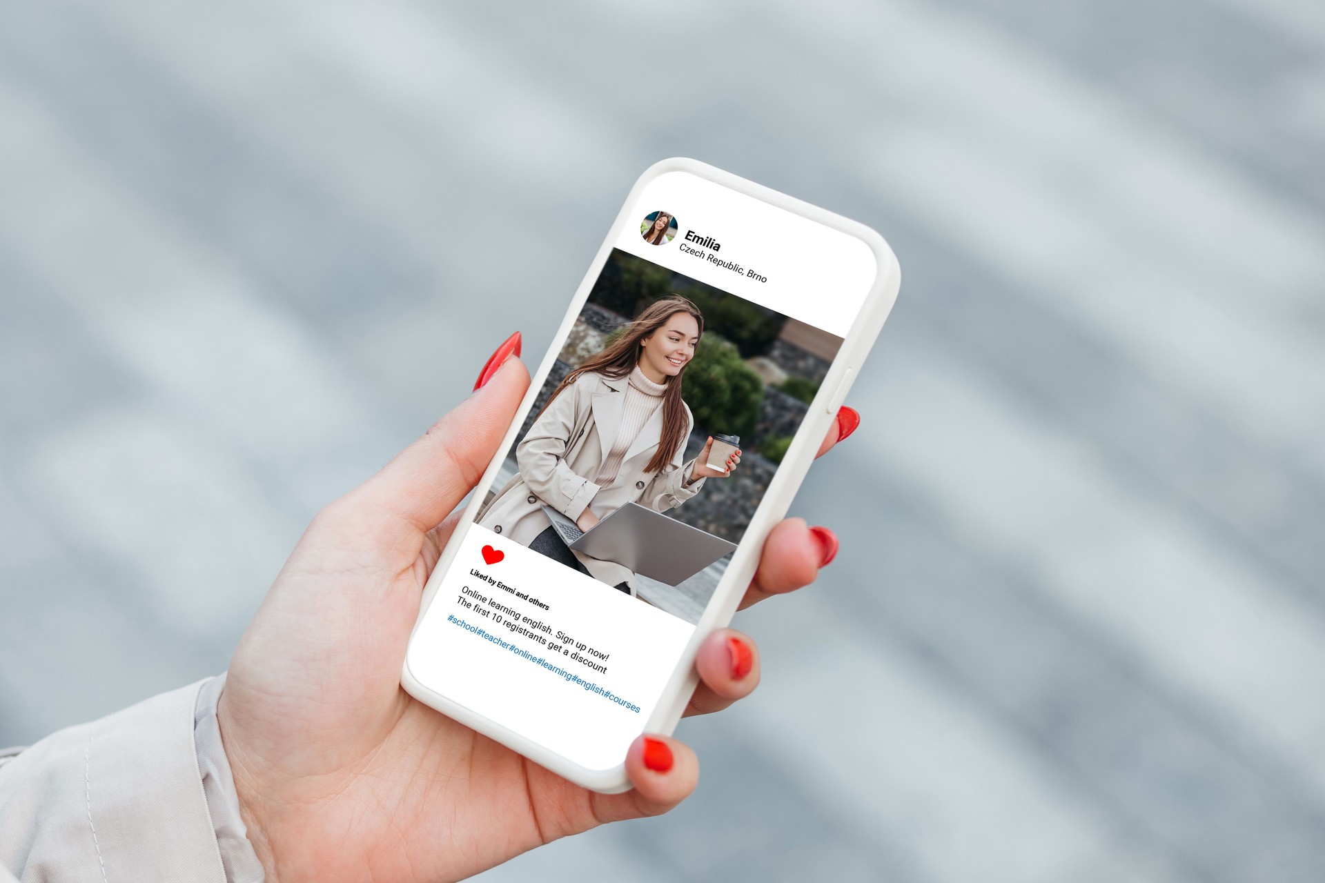 Woman looking at beautiful model's photo with laptop on mobile phone. Social network concept