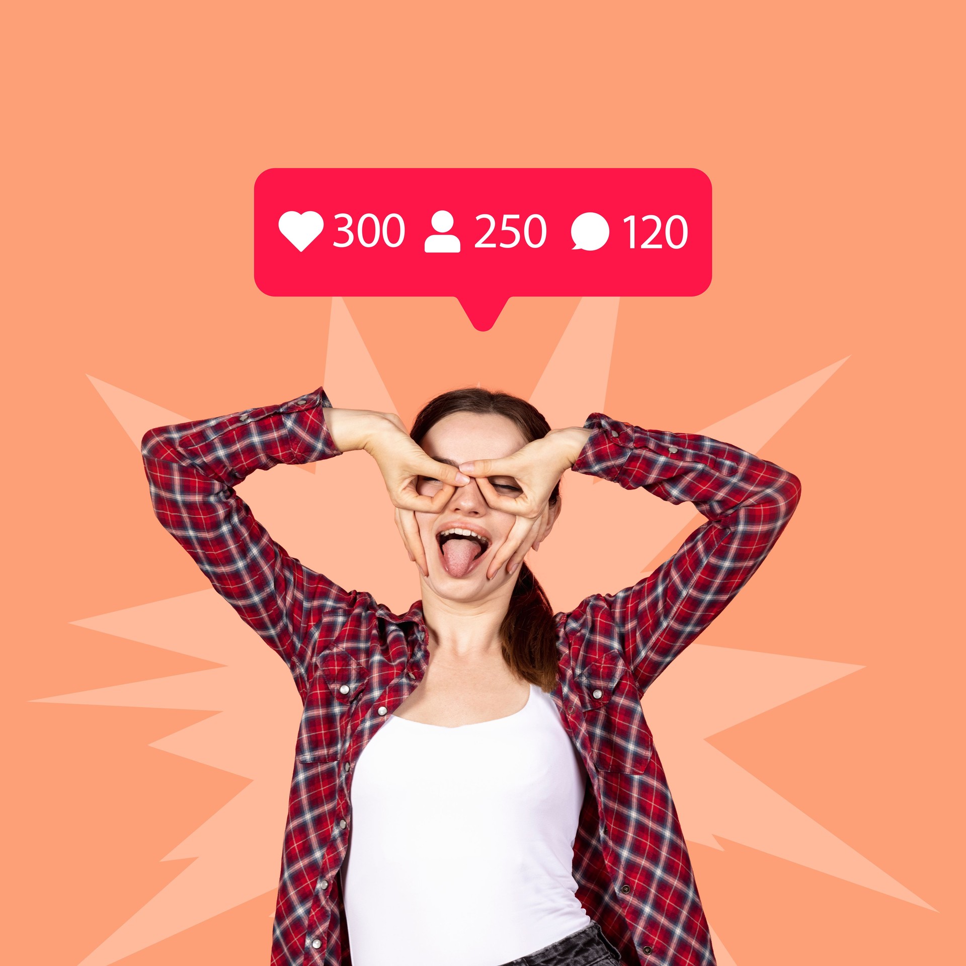 Modern design, artwork of young cheerful girl having news followers, likes and comments on social media isolated over peach background